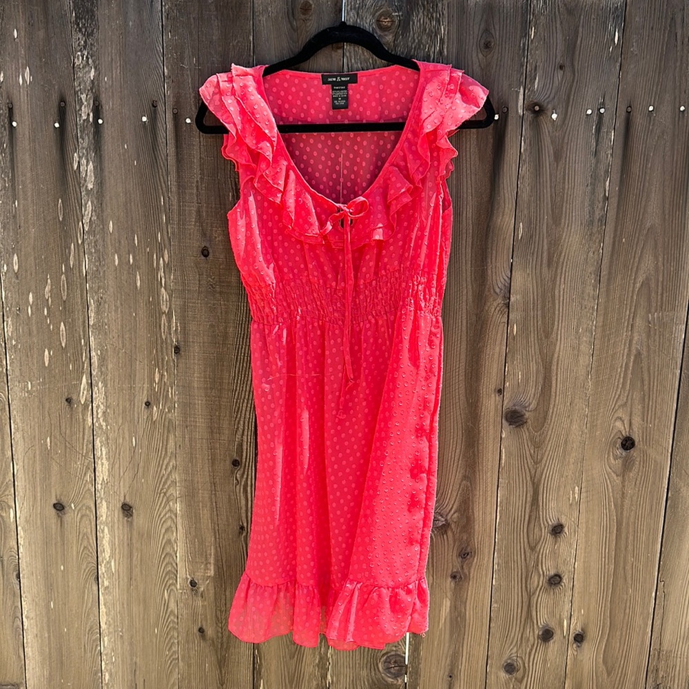 Sam & Max coral Swiss dot mini dress with ruffle cap sleeve and hem (M).